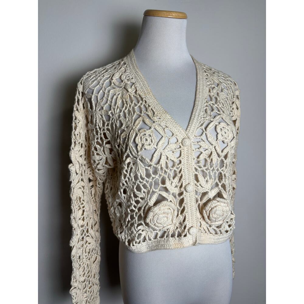 Crochet Openwork V-Neck Cardigan Sweater - Cream